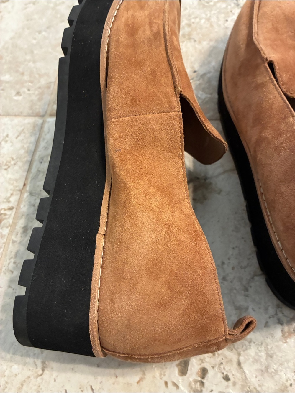Eileen Fisher Ells Suede Platform Loafer in Camel Chunky Black Sole Shoes SZ 9 - Picture 9 of 11